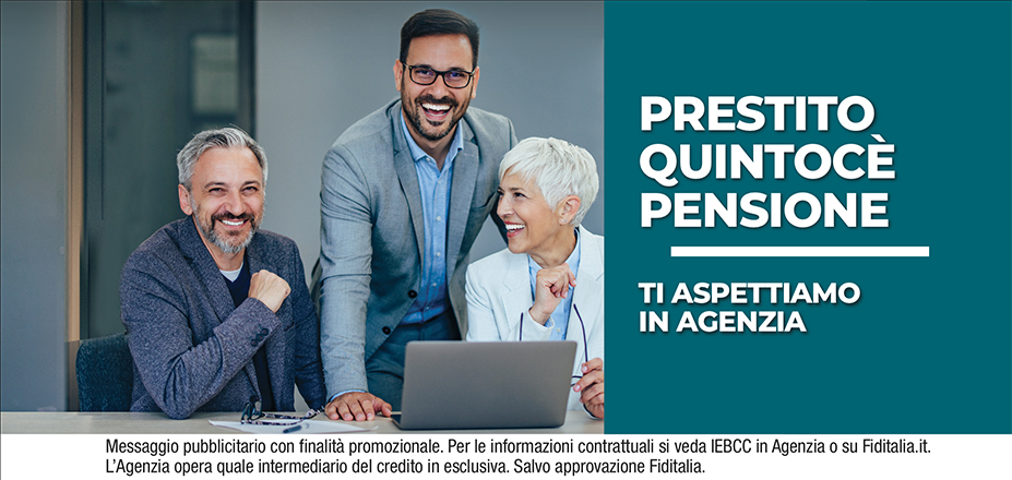 Agenzia Fast Money Fiditalia | Termoli, Isernia, Campobasso | Cessione del Quinto Quintocè - Un consulente dedicato per i progetti di dipendenti e pensionati. Messaggio pubblicitario con finalità promozionale. Per le informazioni contrattuali si veda IEBCC in Agenzia o su Fiditalia. it. L’Agenzia opera quale intermediario del credito in esclusiva. Salvo approvazione Fiditalia.