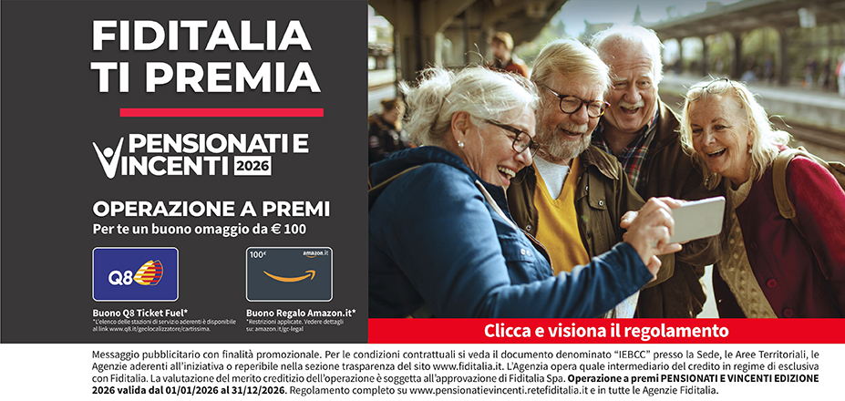 Agenzia Fast Money Fiditalia | Termoli, Isernia, Campobasso | Fiditalia ti premia - Vicni un omaggio da €100. Operazione a premi. Clicca e visiona il regolamento. Operazione a premi PENSIONATI E VINCENTI 2025 valida dal 01/01/2025 al 31/12/2025. Regolamento completo www.pensionatievincenti.retefiditalia.it